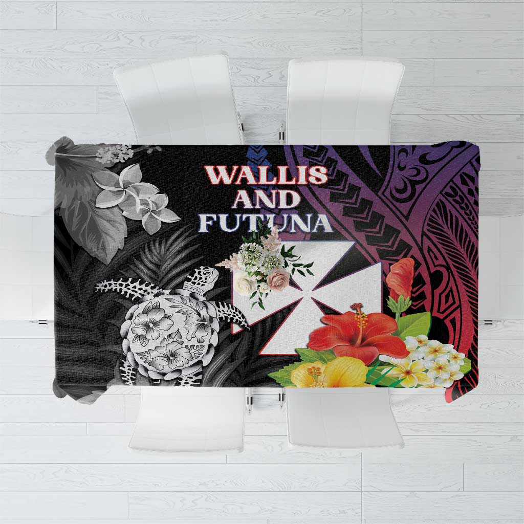 Wallis and Futuna Bastille Day Tablecloth Tropical Turtle Hibiscus Polynesian Pattern LT05 Black - Polynesian Pride