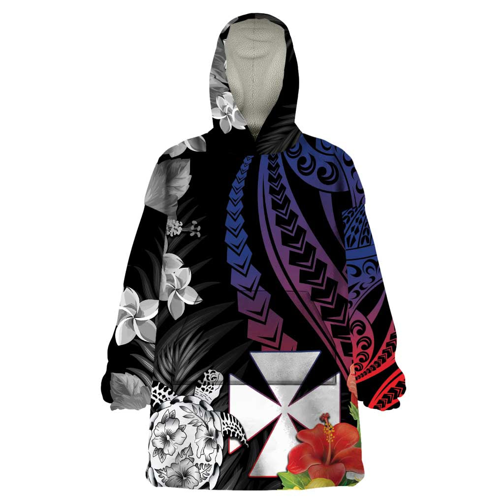 Wallis and Futuna Bastille Day Wearable Blanket Hoodie Tropical Turtle Hibiscus Polynesian Pattern LT05 One Size Black - Polynesian Pride