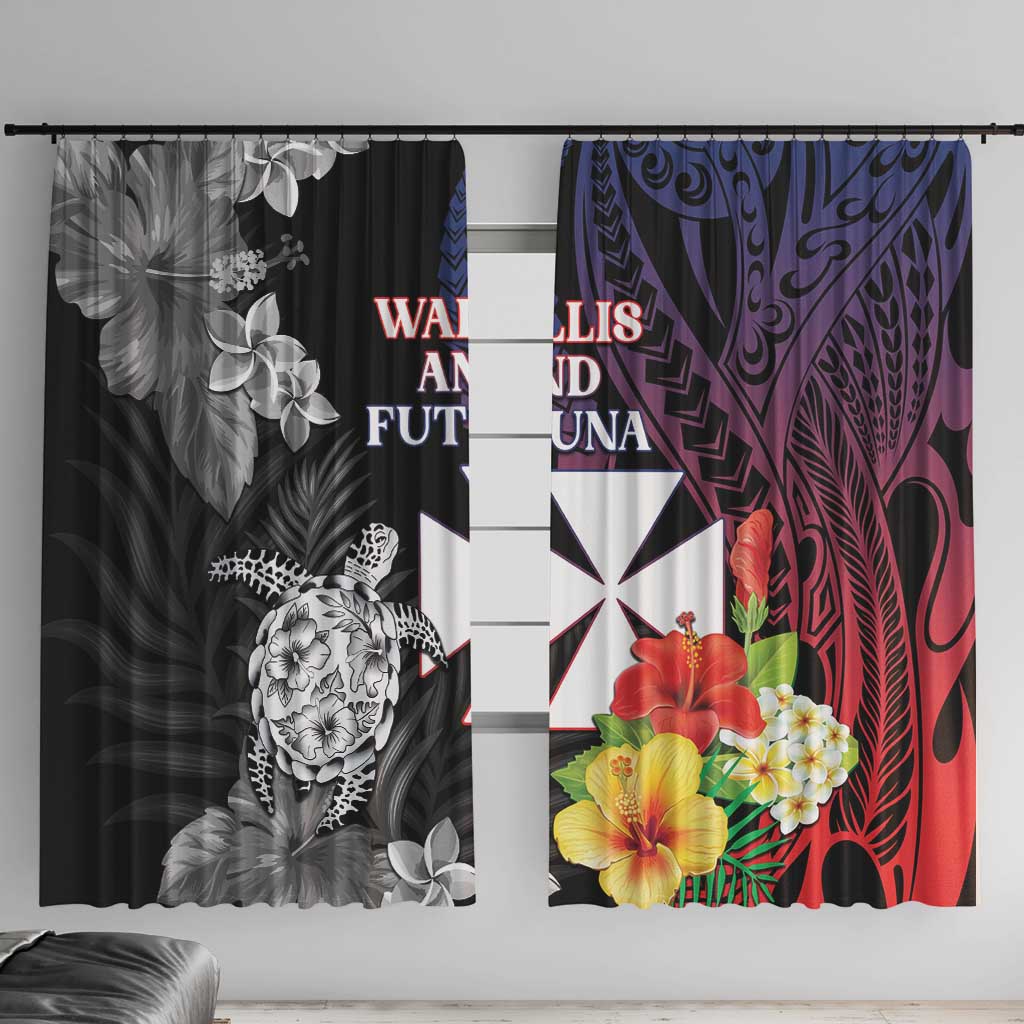Wallis and Futuna Bastille Day Window Curtain Tropical Turtle Hibiscus Polynesian Pattern LT05 With Hooks Black - Polynesian Pride