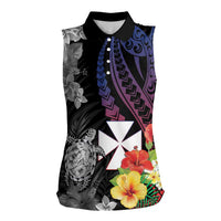 Wallis and Futuna Bastille Day Women Sleeveless Polo Shirt Tropical Turtle Hibiscus Polynesian Pattern LT05 Female Black - Polynesian Pride