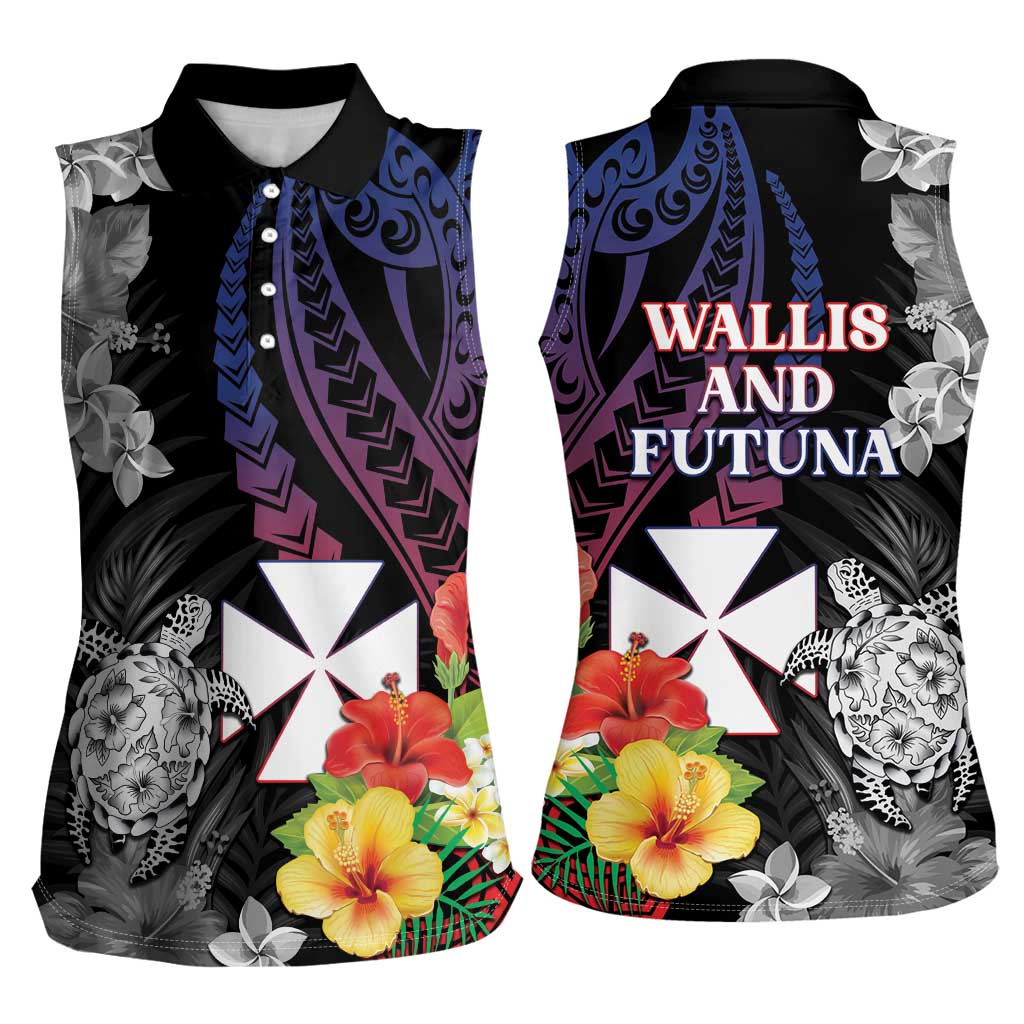Wallis and Futuna Bastille Day Women Sleeveless Polo Shirt Tropical Turtle Hibiscus Polynesian Pattern LT05 - Polynesian Pride