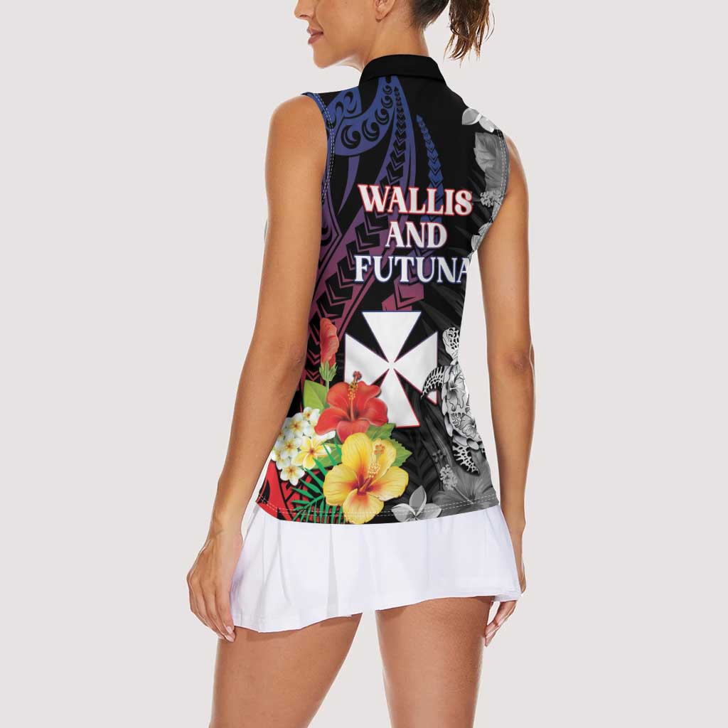 Wallis and Futuna Bastille Day Women Sleeveless Polo Shirt Tropical Turtle Hibiscus Polynesian Pattern LT05 - Polynesian Pride