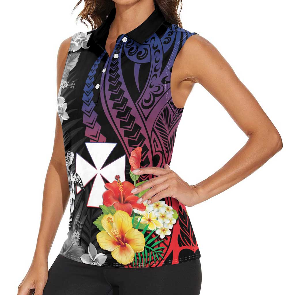 Wallis and Futuna Bastille Day Women Sleeveless Polo Shirt Tropical Turtle Hibiscus Polynesian Pattern LT05 - Polynesian Pride