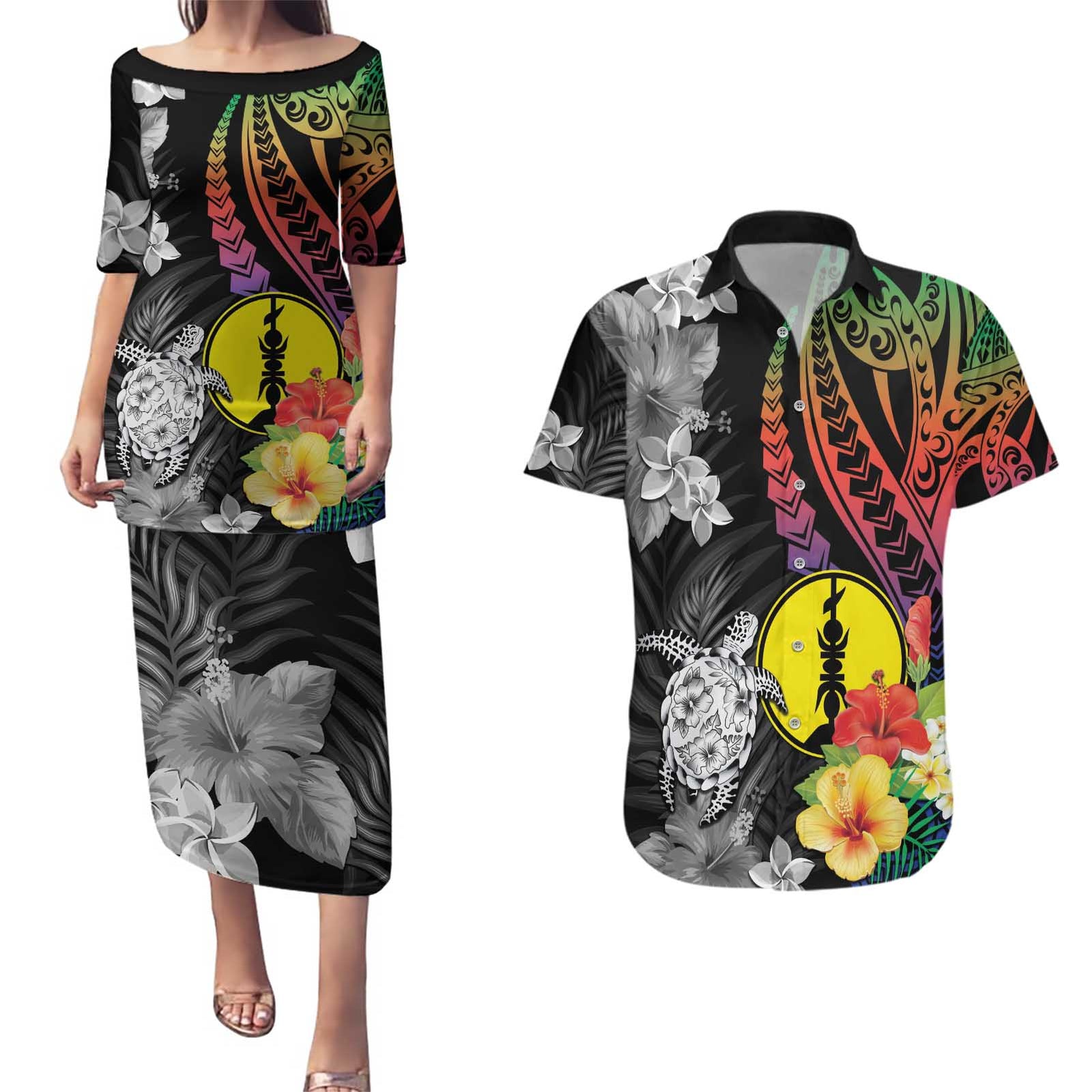 New Caledonia Bastille Day Couples Matching Puletasi and Hawaiian Shirt Tropical Turtle Hibiscus Polynesian Pattern LT05 Black - Polynesian Pride