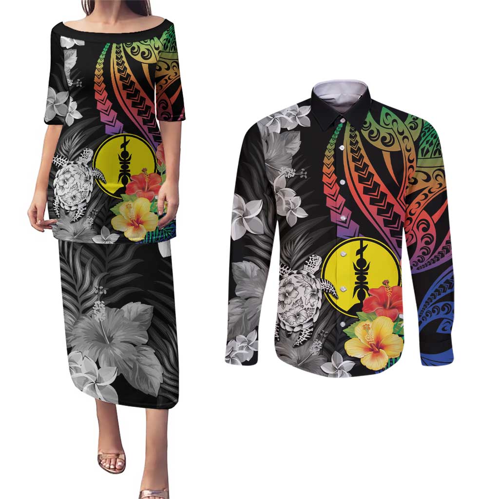 New Caledonia Bastille Day Couples Matching Puletasi and Long Sleeve Button Shirt Tropical Turtle Hibiscus Polynesian Pattern LT05 Black - Polynesian Pride
