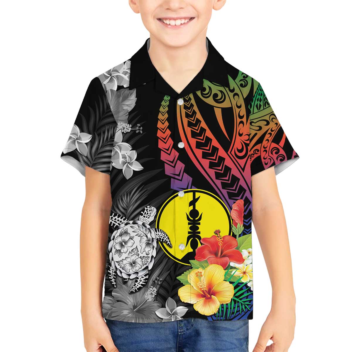 New Caledonia Bastille Day Family Matching Off Shoulder Short Dress and Hawaiian Shirt Tropical Turtle Hibiscus Polynesian Pattern LT05 Son's Shirt Black - Polynesian Pride