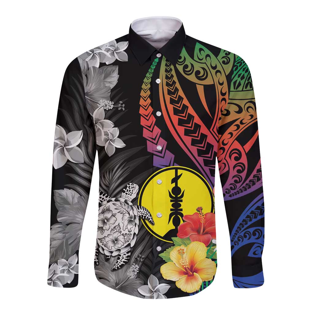 New Caledonia Bastille Day Long Sleeve Button Shirt Tropical Turtle Hibiscus Polynesian Pattern LT05 Unisex Black - Polynesian Pride