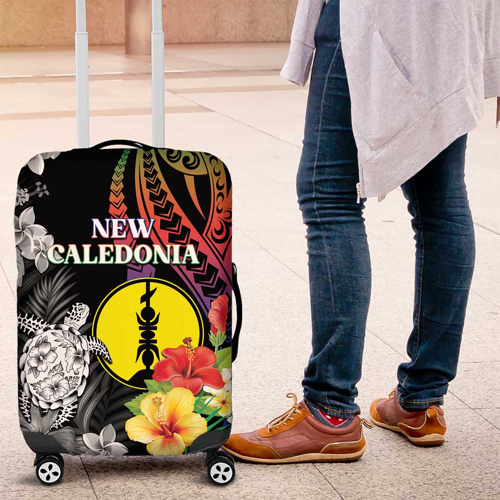 New Caledonia Bastille Day Luggage Cover Tropical Turtle Hibiscus Polynesian Pattern LT05 Black - Polynesian Pride