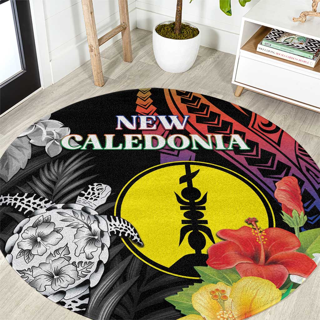 New Caledonia Bastille Day Round Carpet Tropical Turtle Hibiscus Polynesian Pattern LT05 Black - Polynesian Pride