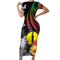 New Caledonia Bastille Day Short Sleeve Bodycon Dress Tropical Turtle Hibiscus Polynesian Pattern LT05 Long Dress Black - Polynesian Pride