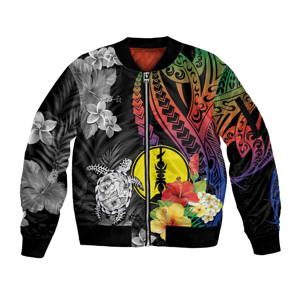 New Caledonia Bastille Day Sleeve Zip Bomber Jacket Tropical Turtle Hibiscus Polynesian Pattern LT05 Unisex Black - Polynesian Pride