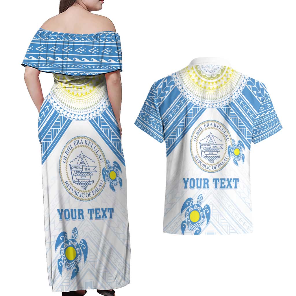 Personalised Palau Constitution Day Couples Matching Off Shoulder Maxi Dress and Hawaiian Shirt Polynesian Turtle
