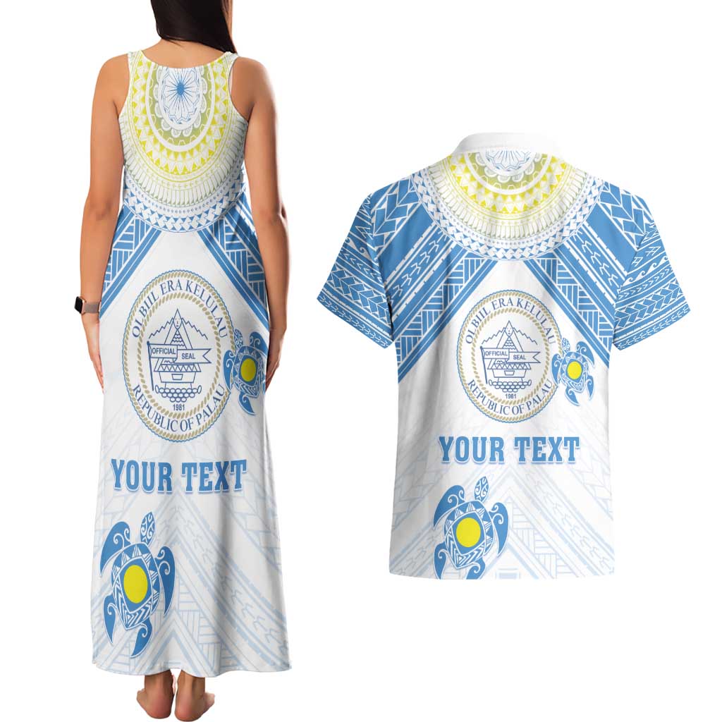 Personalised Palau Constitution Day Couples Matching Tank Maxi Dress and Hawaiian Shirt Polynesian Turtle