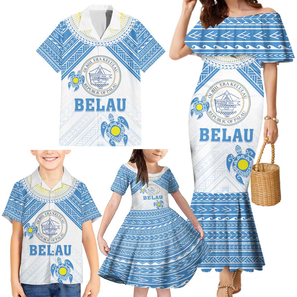 Personalised Palau Constitution Day Family Matching Mermaid Dress and Hawaiian Shirt Polynesian Turtle