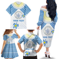 Personalised Palau Constitution Day Family Matching Off The Shoulder Long Sleeve Dress and Hawaiian Shirt Polynesian Turtle