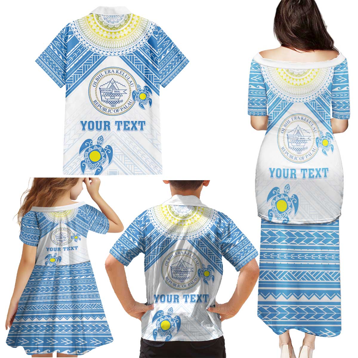 Personalised Palau Constitution Day Family Matching Puletasi and Hawaiian Shirt Polynesian Turtle