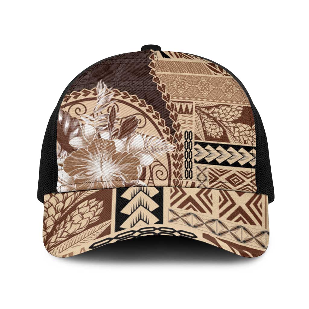 Samoa Siapo Elegant Baseball Net Cap Hibiscus Chocolate Brown Motifs - Polynesian Pride