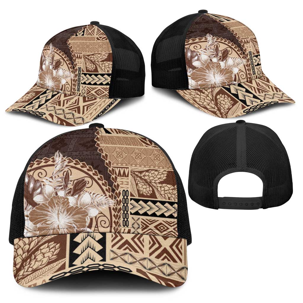 Samoa Siapo Elegant Baseball Net Cap Hibiscus Chocolate Brown Motifs - Polynesian Pride