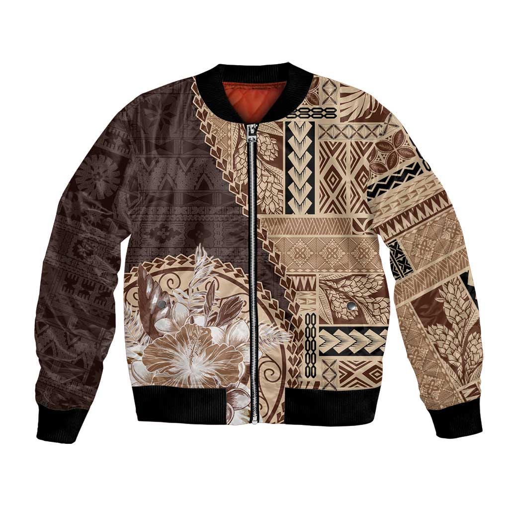 Samoa Siapo Elegant Bomber Jacket Hibiscus Chocolate Brown Motifs LT05 Unisex Brown - Polynesian Pride