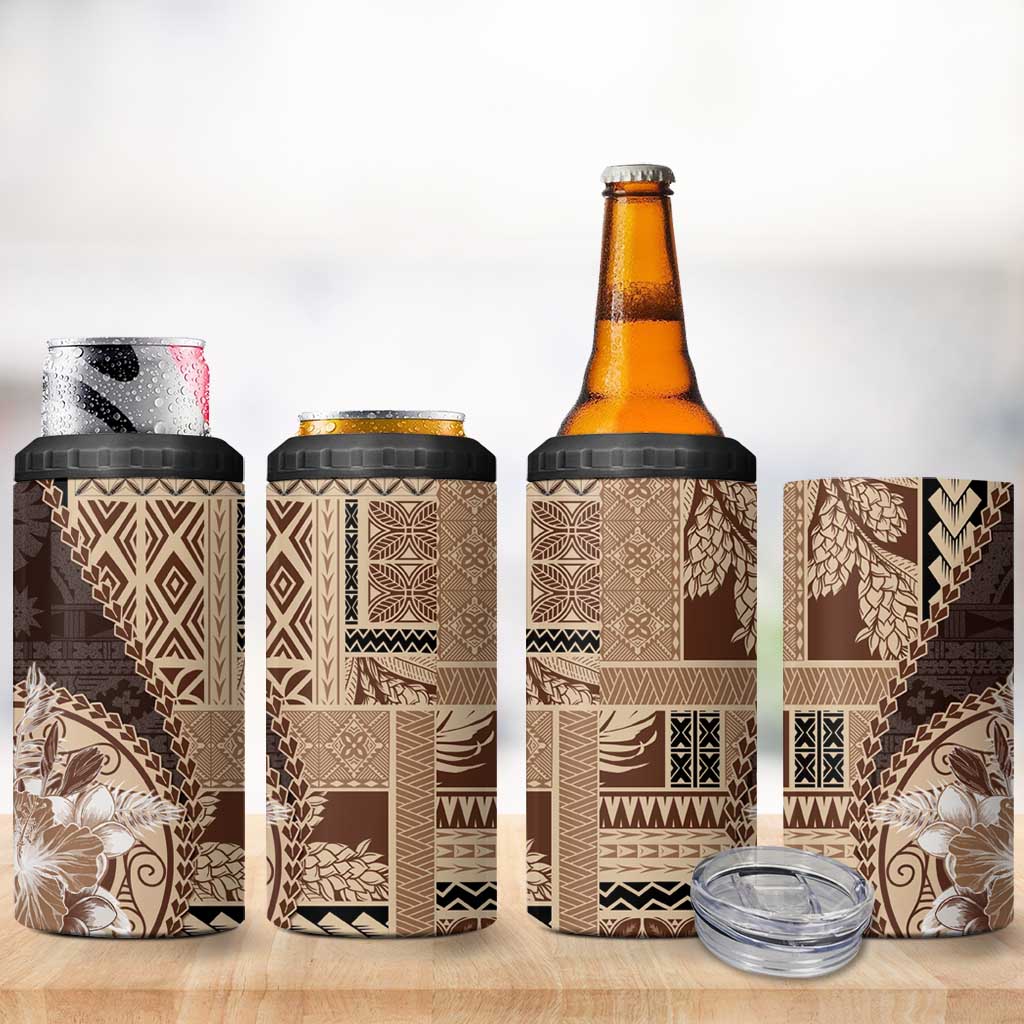 Samoa Siapo Elegant 4 in 1 Can Cooler Tumbler Hibiscus Chocolate Brown Motifs - Polynesian Pride