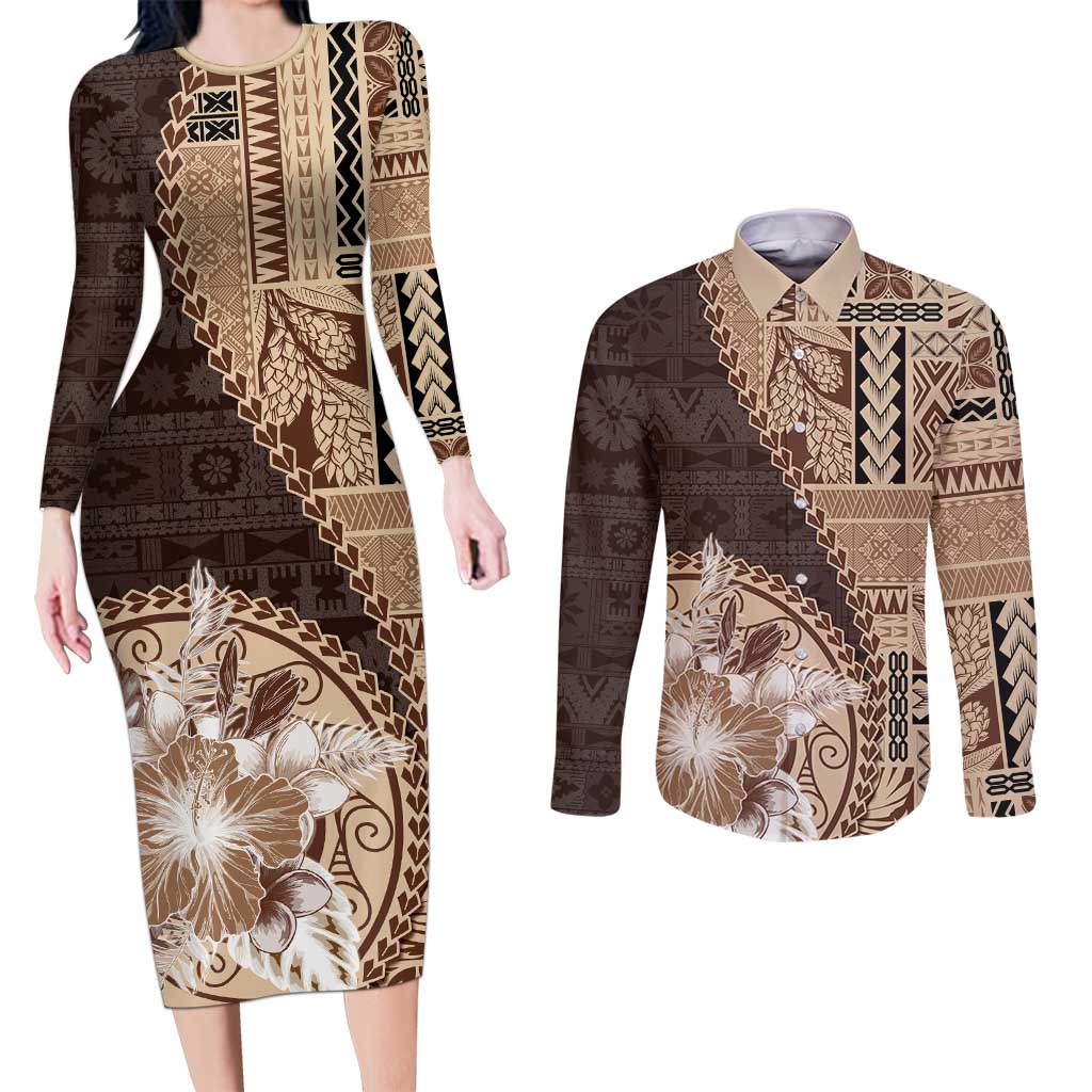 Samoa Siapo Elegant Couples Matching Long Sleeve Bodycon Dress and Long Sleeve Button Shirt Hibiscus Chocolate Brown Motifs - Polynesian Pride