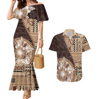 Samoa Siapo Elegant Couples Matching Mermaid Dress and Hawaiian Shirt Hibiscus Chocolate Brown Motifs - Polynesian Pride