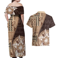 Samoa Siapo Elegant Couples Matching Off Shoulder Maxi Dress and Hawaiian Shirt Hibiscus Chocolate Brown Motifs - Polynesian Pride