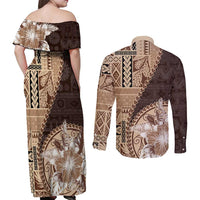 Samoa Siapo Elegant Couples Matching Off Shoulder Maxi Dress and Long Sleeve Button Shirt Hibiscus Chocolate Brown Motifs - Polynesian Pride