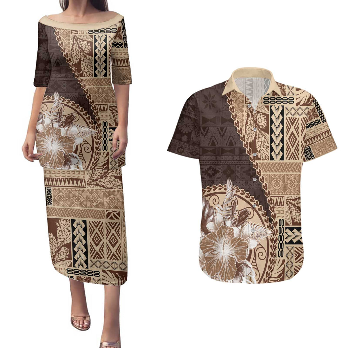 Samoa Siapo Elegant Couples Matching Puletasi and Hawaiian Shirt Hibiscus Chocolate Brown Motifs LT05 Brown - Polynesian Pride