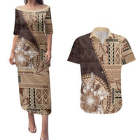 Samoa Siapo Elegant Couples Matching Puletasi and Hawaiian Shirt Hibiscus Chocolate Brown Motifs LT05 Brown - Polynesian Pride
