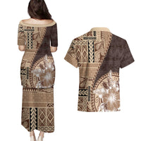 Samoa Siapo Elegant Couples Matching Puletasi and Hawaiian Shirt Hibiscus Chocolate Brown Motifs LT05 - Polynesian Pride