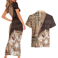 Samoa Siapo Elegant Couples Matching Short Sleeve Bodycon Dress and Hawaiian Shirt Hibiscus Chocolate Brown Motifs - Polynesian Pride