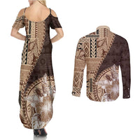 Samoa Siapo Elegant Couples Matching Summer Maxi Dress and Long Sleeve Button Shirt Hibiscus Chocolate Brown Motifs - Polynesian Pride