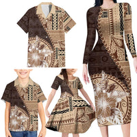 Samoa Siapo Elegant Family Matching Long Sleeve Bodycon Dress and Hawaiian Shirt Hibiscus Chocolate Brown Motifs - Polynesian Pride