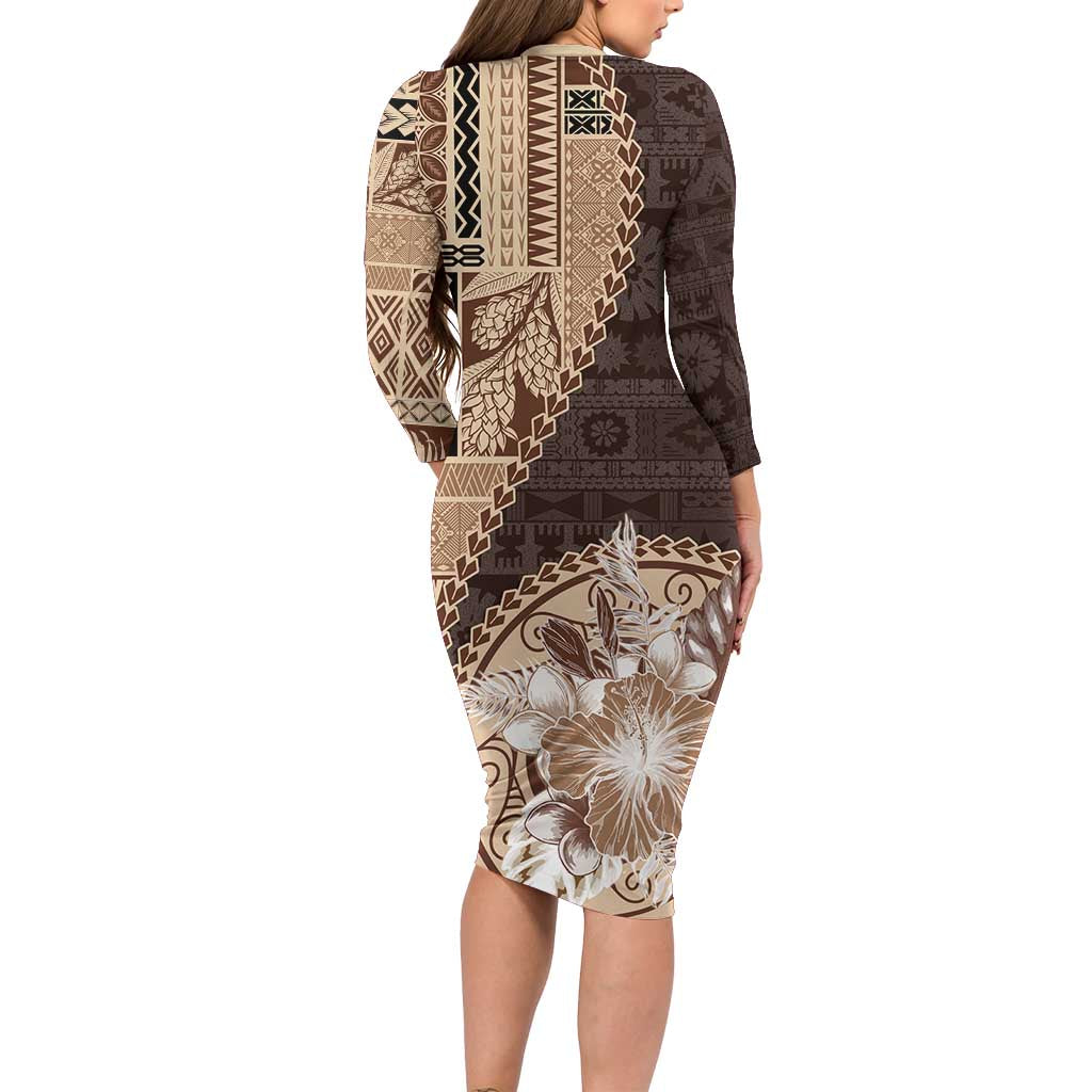 Samoa Siapo Elegant Family Matching Long Sleeve Bodycon Dress and Hawaiian Shirt Hibiscus Chocolate Brown Motifs - Polynesian Pride