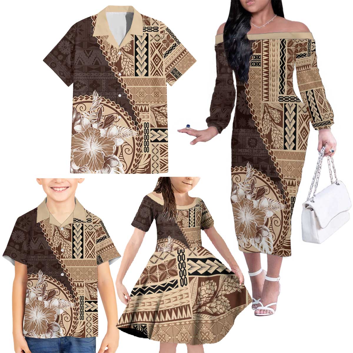 Samoa Siapo Elegant Family Matching Off The Shoulder Long Sleeve Dress and Hawaiian Shirt Hibiscus Chocolate Brown Motifs - Polynesian Pride