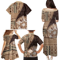 Samoa Siapo Elegant Family Matching Puletasi and Hawaiian Shirt Hibiscus Chocolate Brown Motifs - Polynesian Pride