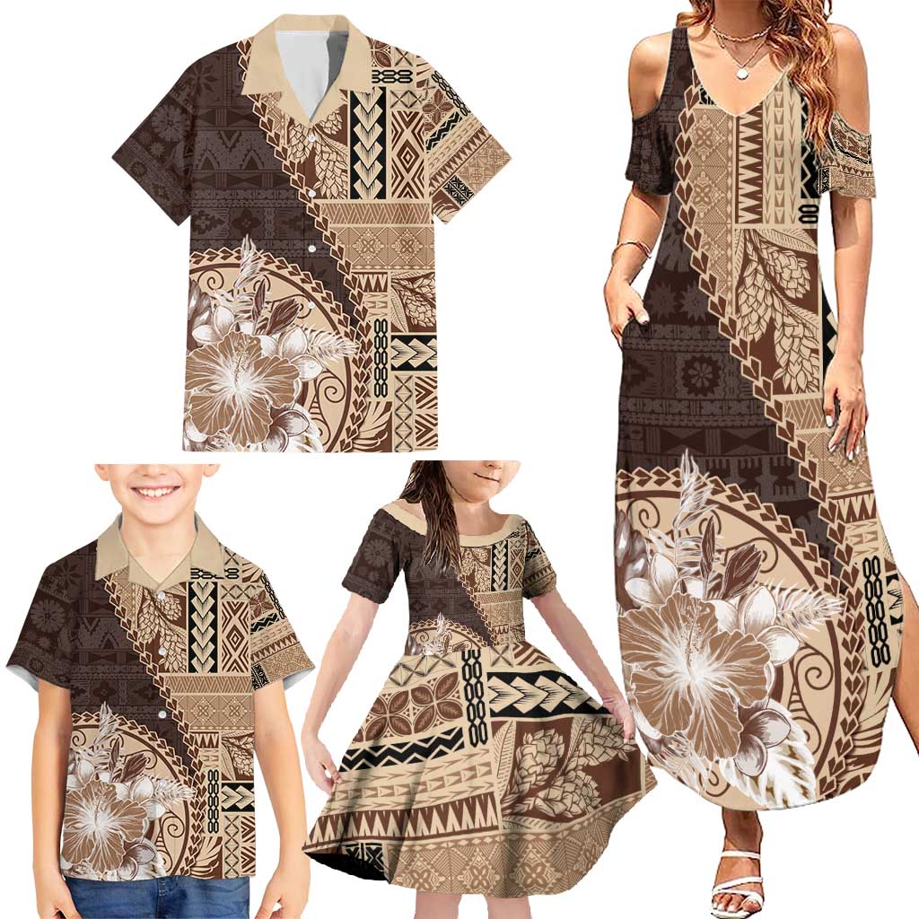 Samoa Siapo Elegant Family Matching Summer Maxi Dress and Hawaiian Shirt Hibiscus Chocolate Brown Motifs - Polynesian Pride