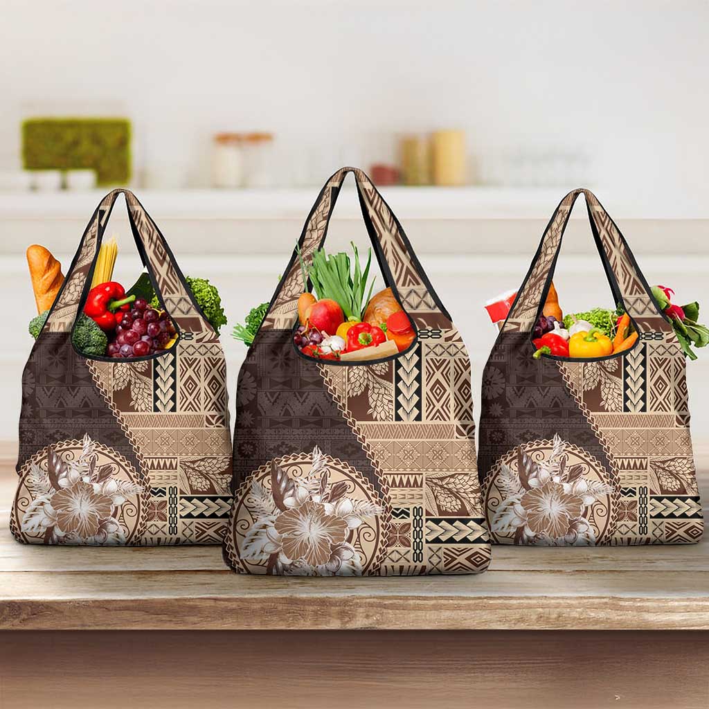 Samoa Siapo Elegant Grocery Bag Hibiscus Chocolate Brown Motifs - Polynesian Pride