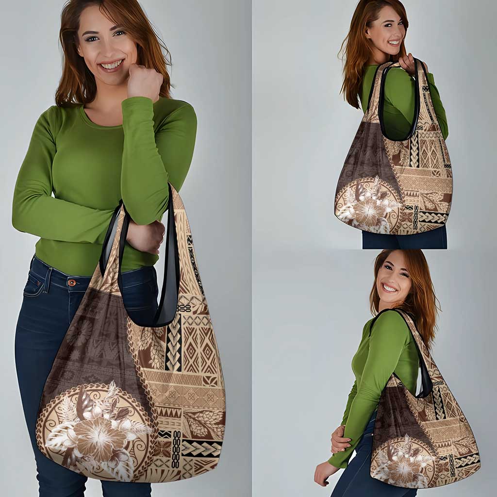 Samoa Siapo Elegant Grocery Bag Hibiscus Chocolate Brown Motifs - Polynesian Pride