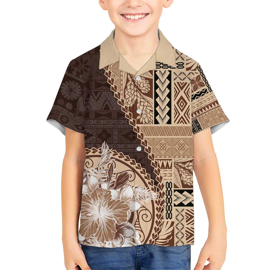 Samoa Siapo Elegant Kid Hawaiian Shirt Hibiscus Chocolate Brown Motifs - Polynesian Pride