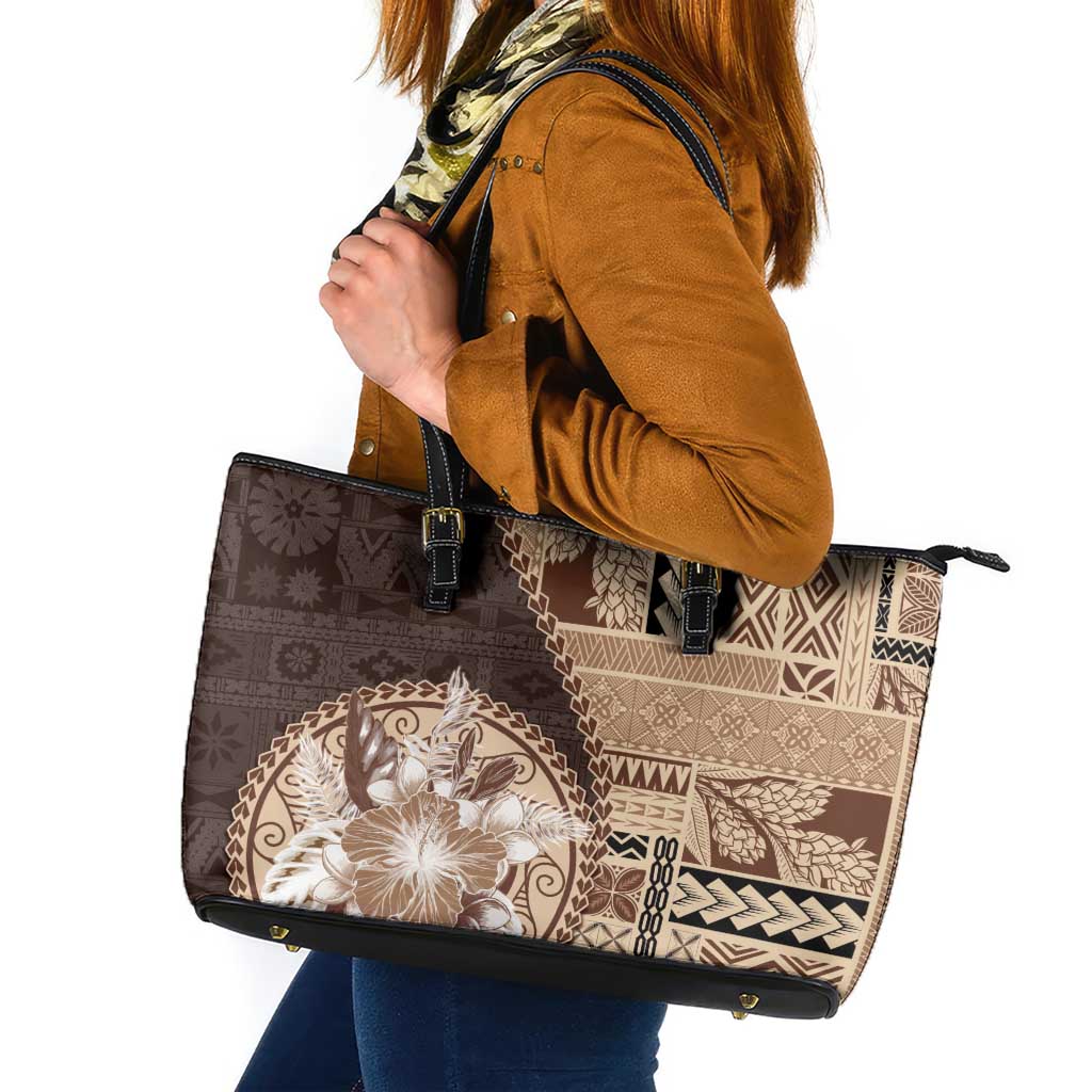 Samoa Siapo Elegant Leather Tote Bag Hibiscus Chocolate Brown Motifs LT05 Brown - Polynesian Pride