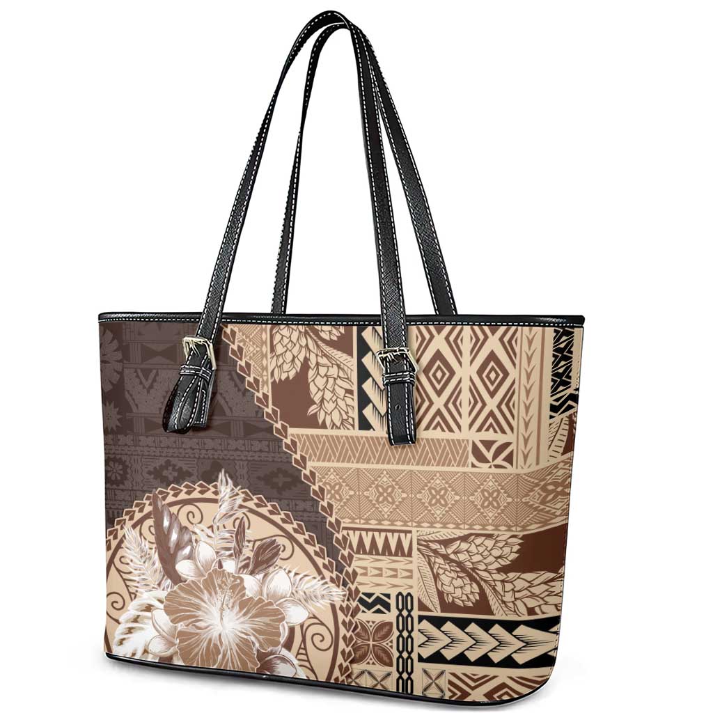 Samoa Siapo Elegant Leather Tote Bag Hibiscus Chocolate Brown Motifs - Polynesian Pride