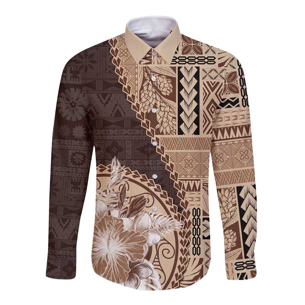 Samoa Siapo Elegant Long Sleeve Button Shirt Hibiscus Chocolate Brown Motifs - Polynesian Pride