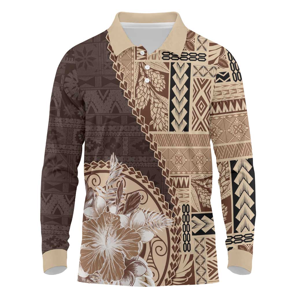 Samoa Siapo Elegant Long Sleeve Polo Shirt Hibiscus Chocolate Brown Motifs LT05 Brown - Polynesian Pride