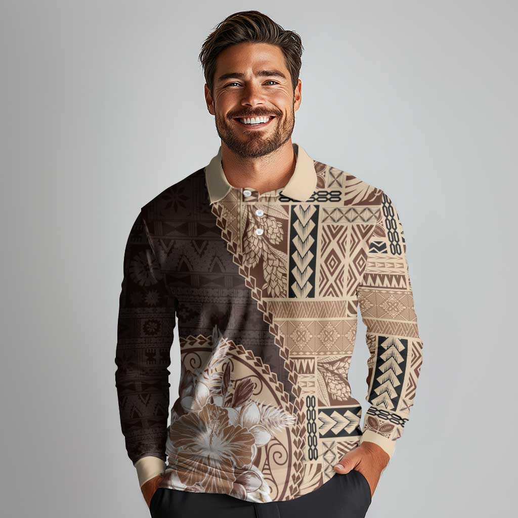 Samoa Siapo Elegant Long Sleeve Polo Shirt Hibiscus Chocolate Brown Motifs LT05 - Polynesian Pride