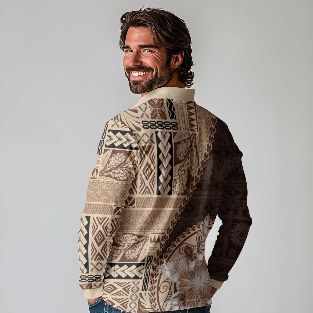 Samoa Siapo Elegant Long Sleeve Polo Shirt Hibiscus Chocolate Brown Motifs LT05 - Polynesian Pride