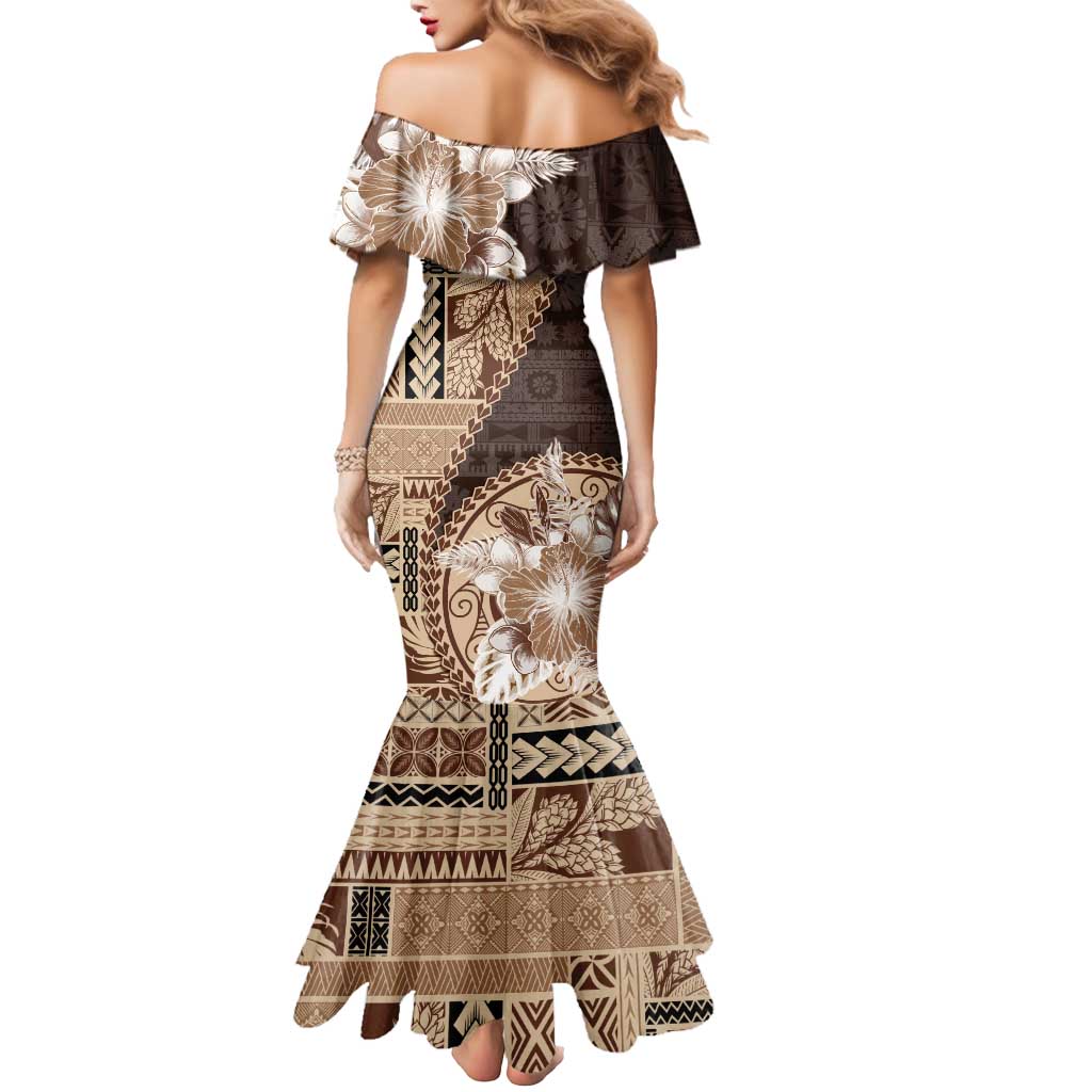 Samoa Siapo Elegant Mermaid Dress Hibiscus Chocolate Brown Motifs - Polynesian Pride