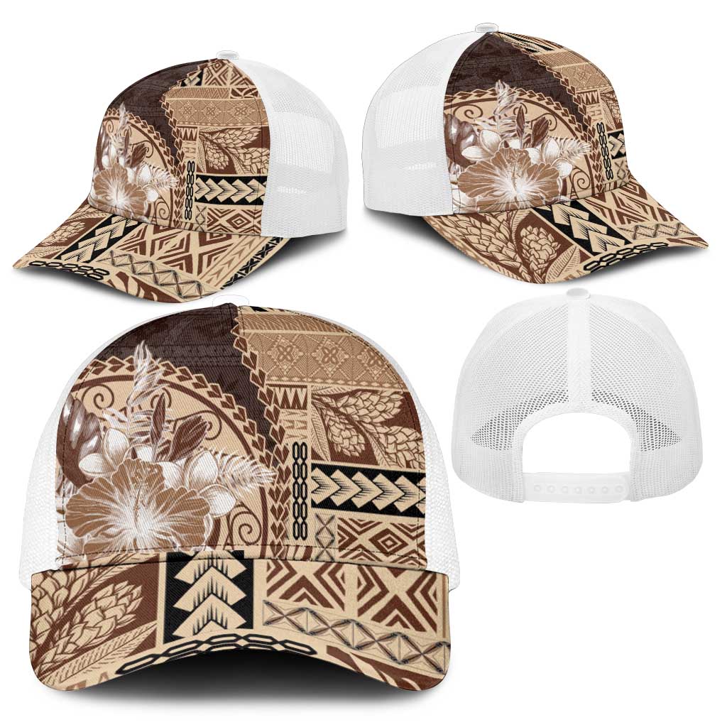 Samoa Siapo Elegant Mesh Trucker Cap Hibiscus Chocolate Brown Motifs - Polynesian Pride