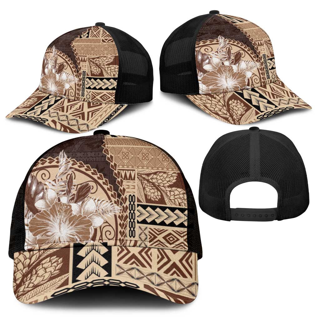 Samoa Siapo Elegant Mesh Trucker Cap Hibiscus Chocolate Brown Motifs - Polynesian Pride